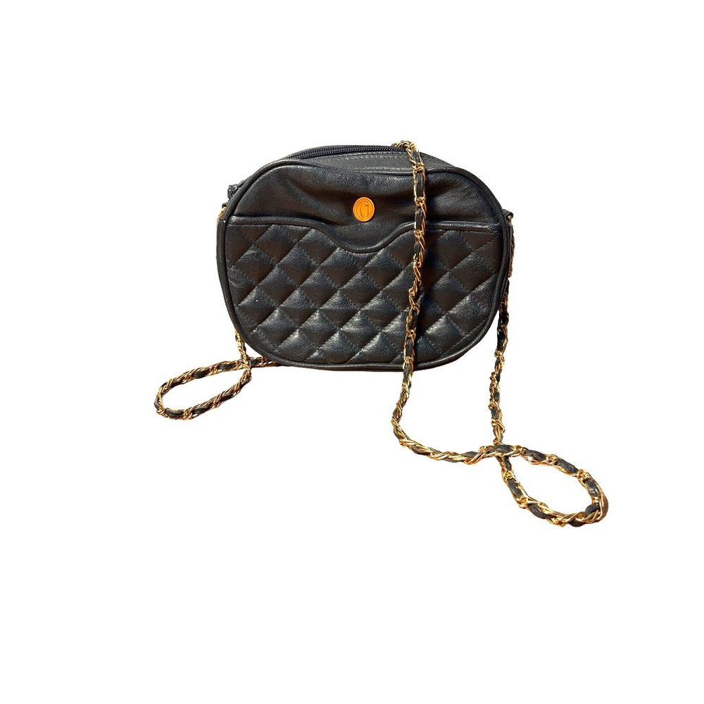 Vintage Ganson Navy Blue Quilted Crossbody Bag Golden Chain Shoulder Strap Handb